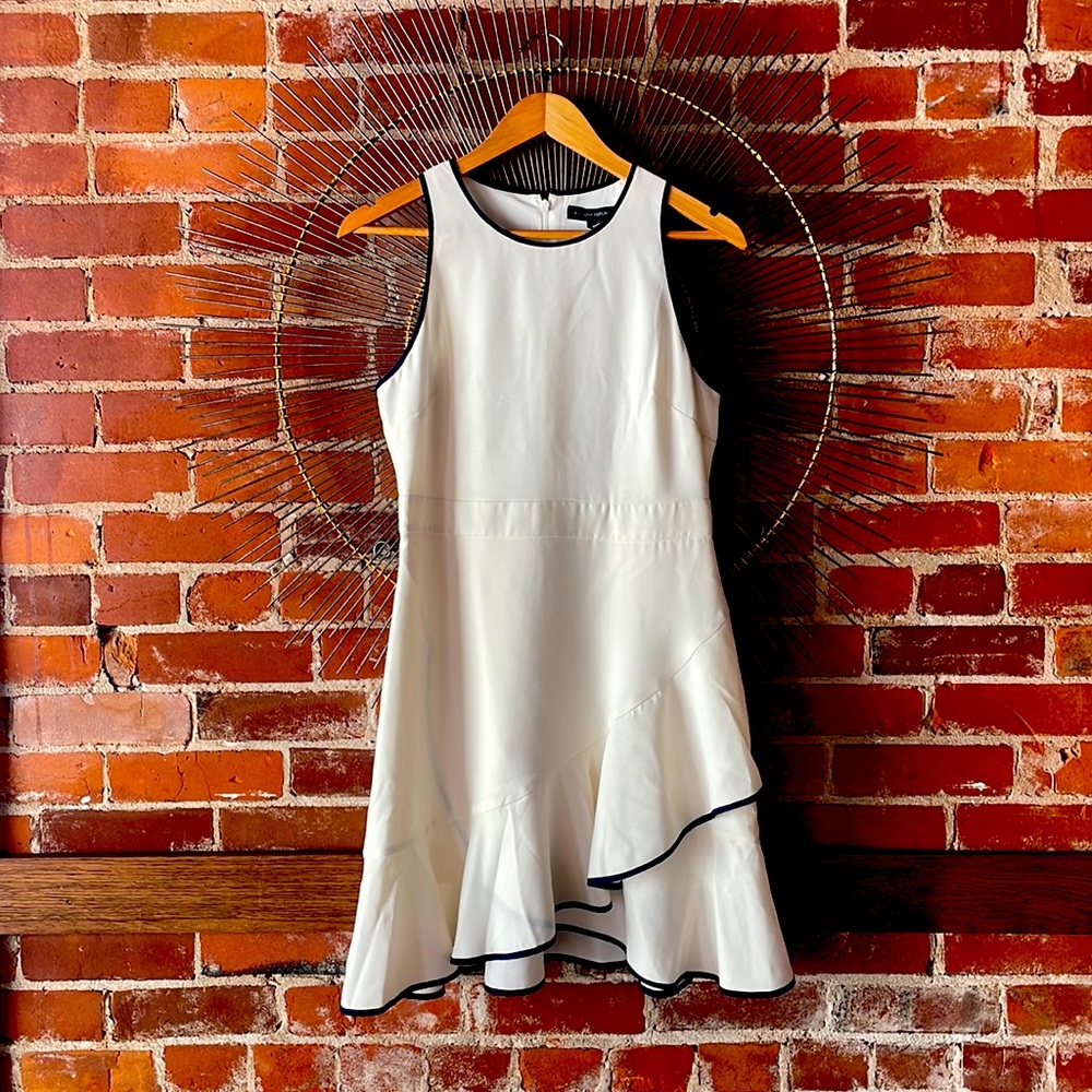 White with navy trim dress